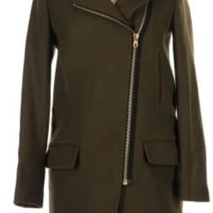 Sandro Olive wool Coat with Asymmetrical Zip and fur hood
